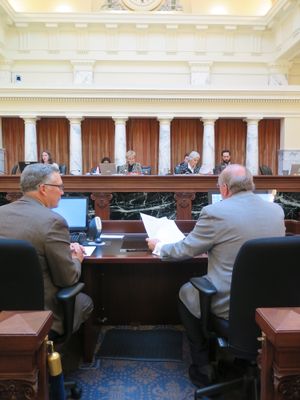 Rep. Rick Youngblood, R-Nampa, and Sen. Fred Martin, R-Boise, present the Economic Outlook & Revenue Assessment Committee's revenue projection to the Idaho Legislature's joint budget committee on Friday, Jan. 19, 2018. (Betsy Z. Russell)