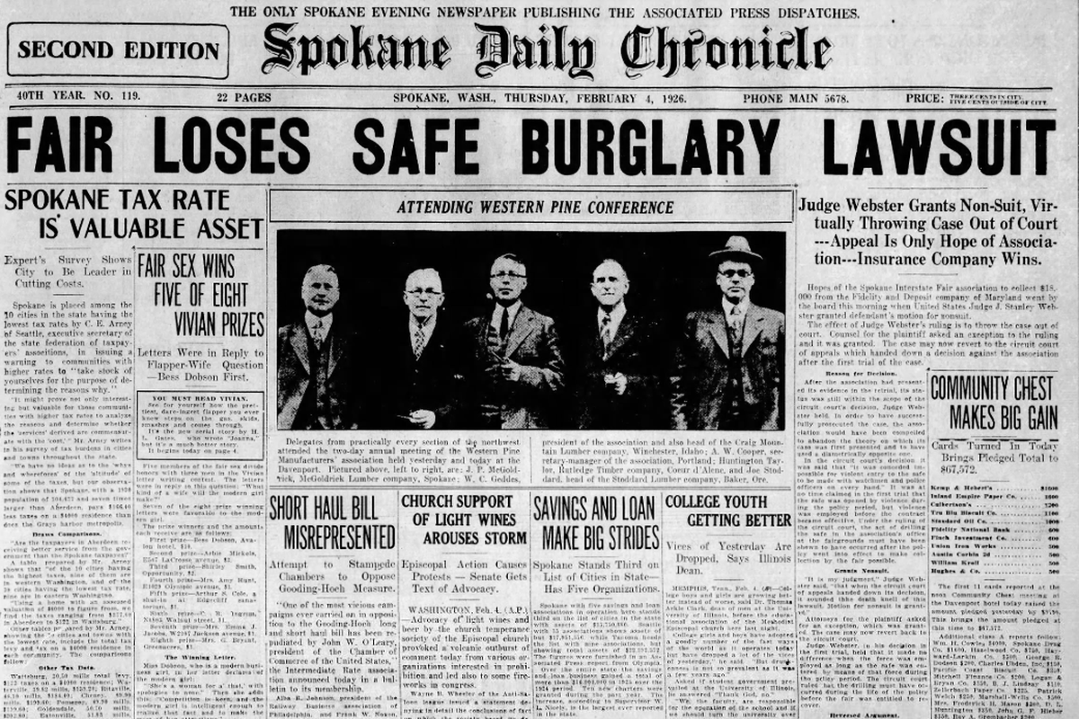 The Spokane Interstate Fair lost its lawsuit against a Maryland insurance company for failing to pay up on the fair’s $18,000 loss in a theft, the Spokane Daily Chronicle reported on Feb. 4, 1926.  (Spokesman-Review archives)