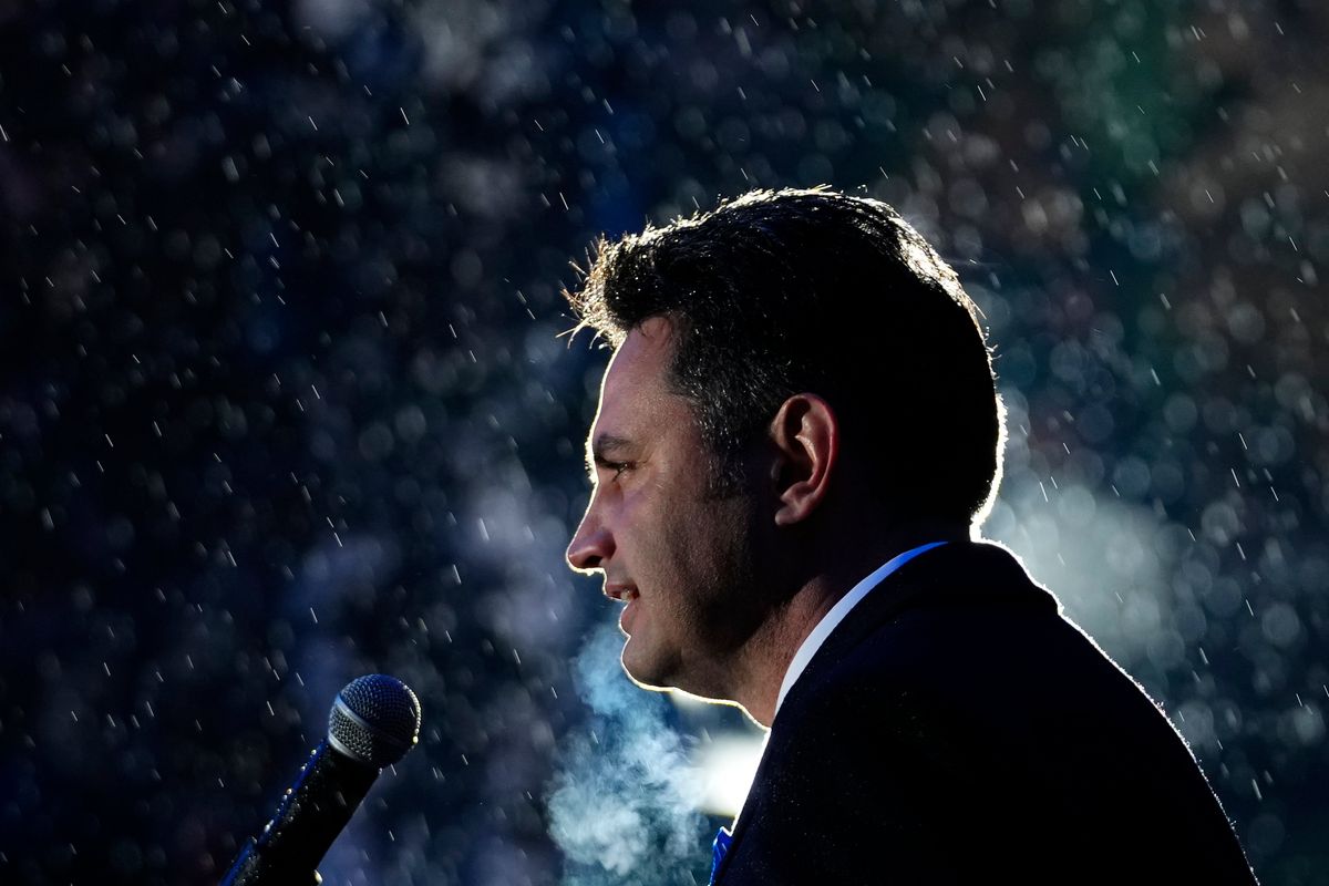 Peter Marki-Zay, leader of United For Hungary, the six-party opposition coalition, speaks during the final electoral rally in Budapest, Hungary, on Saturday ahead of Sunday’s election.  (Petr David Josek)
