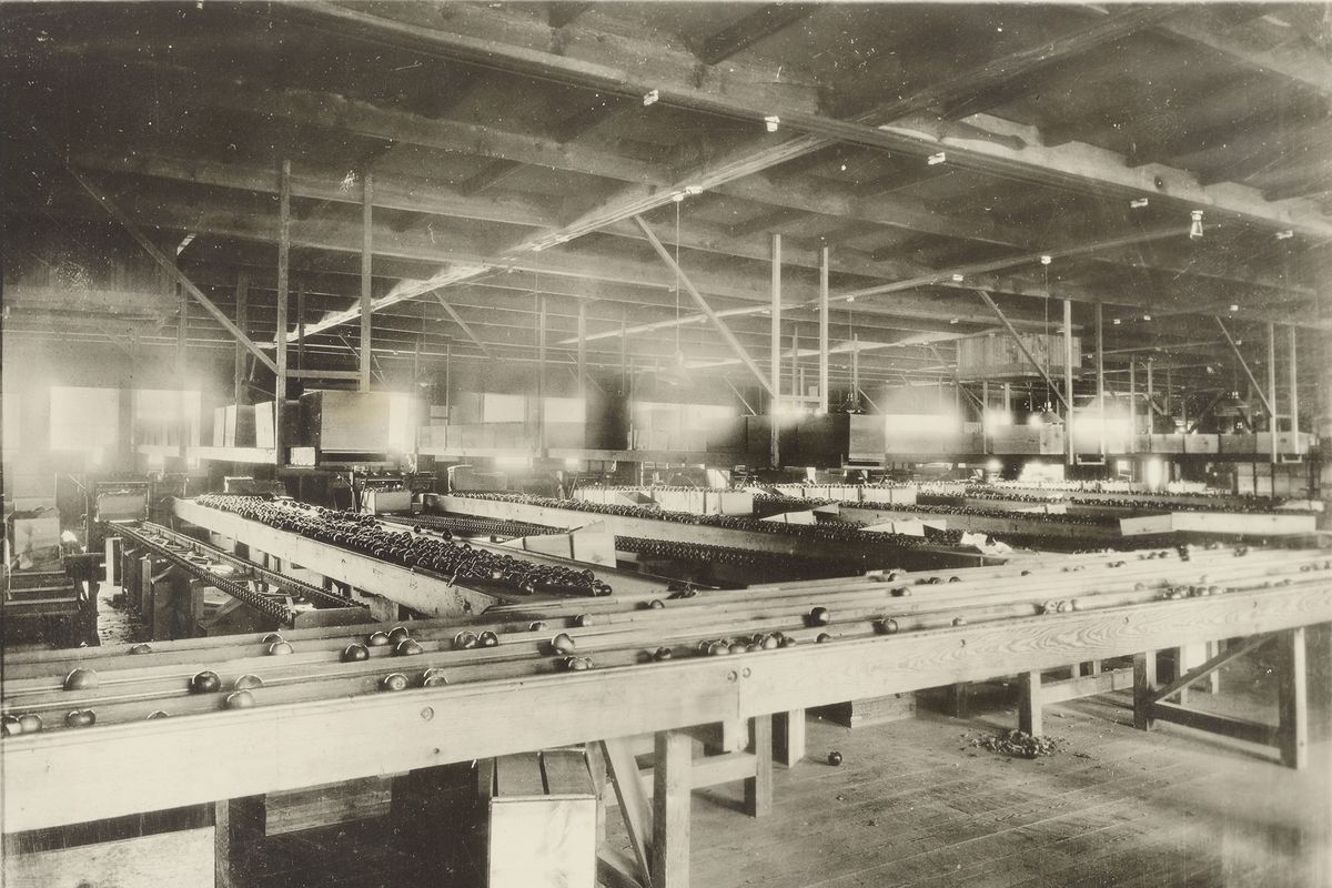 This is the sorting room of the Spokane Valley Growers Union, seen circa 1920. The SVGU was situated near Union and Fourth along the tracks. This photo is from the Nelson Collection.