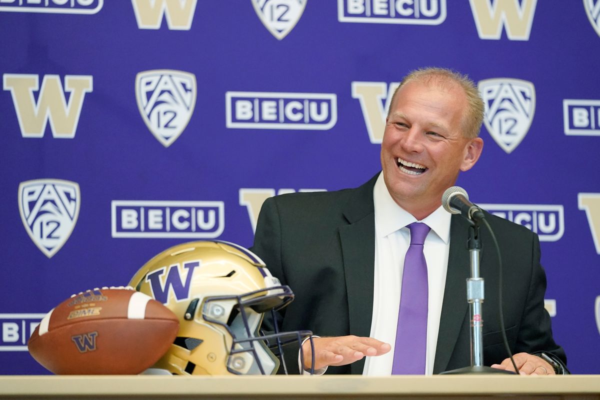 Kalen DeBoer speaks during a news conference, Tuesday, Nov. 30, 2021, in Seattle, to introduce him as the new head NCAA college football coach at the University of Washington. DeBoer has spent the past two seasons as head football coach at Fresno State.  (Ted S. Warren)