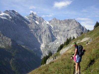 Jane Lincoln of Hayden Lake hikes the Alpine Pass Route during a two-week vacation in Switzerland, where she and her husband, Skip, hiked 100 miles from hotel to hotel on a route that's up close and personal with peaks like the Eiger.
(Photo by Skip Lincoln / The Spokesman-Review)