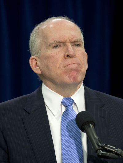 In a rare live TV appearance, CIA Director John Brennan gathers his thoughts during a news conference Thursday at CIA headquarters. (Associated Press)