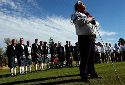 Coeur d'Alene Tribe elder Cliff SiJohn announces the arrival of Scotland's Royal Dornoch Golf Club during the opening ceremony of the Circling Raven/Royal Dornoch Golf Challenge at the golf course in Worley on Monday. The team of 12 Highlanders from Scotland's Royal Dornoch Golf Club will play a team of mostly Coeur d'Alene Tribe members this week.
 (Kathy Plonka / The Spokesman-Review)