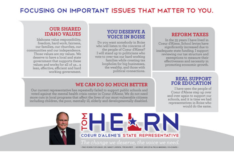 Huckleberries Online has obtained an advance copy of a flyer that Coeur d'Alene school Trustee Tom Hearn will circulated in his bid to unseat state Rep. Kathy Sims, R-Coeur d'Alene.