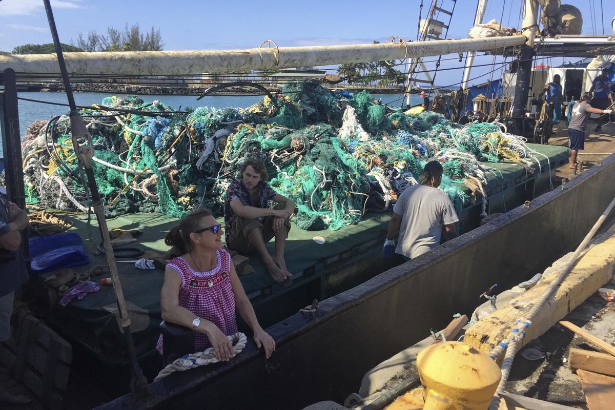 In this photo taken June 18, 2019, provided by the Ocean Voyages Institute, are nets brought in by the sailing ship Kwai from the Pacific gyre cleanup in Honolulu. Mariners on a sailing vessel hundreds of miles from the Hawaiian coast picked up more than 40 tons of abandoned fishing nets in an effort to clean a garbage patch in the Pacific Ocean, where the nets can entangle whales, turtles and fish and damage coral reefs. (AJ Jaeger / Associated Press)
