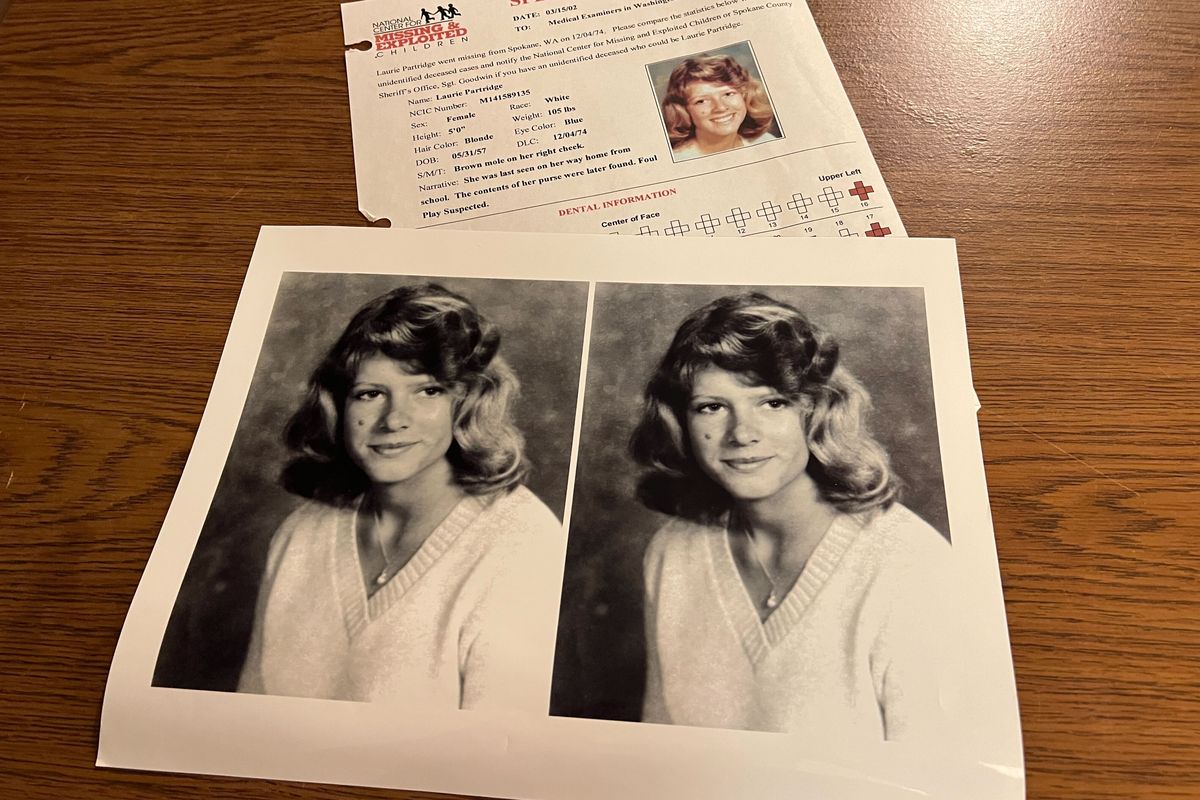 A picture of then-17-year-old Laurie Partridge is seen here next to a poster of her. She went missing on Dec. 4, 1974, while walking home from Ferris High School. Partridge has never been found.  (Courtesy of Cpl. Mark Gregory, Spokane County Sheriff