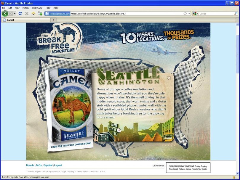 Promotion for Camel cigarettes featuring Seattle which has Gov. Chris Gregoire unhappy, as of 11/29/2010.