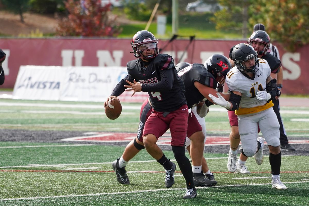 Whitworth quarterback Austin Ewing prepares to pass during a Northwest Conference game at the Pine Bowl against Pacific Lutheran on Sept. 30.  (Caleb Flegel/Whitworth Athletics)