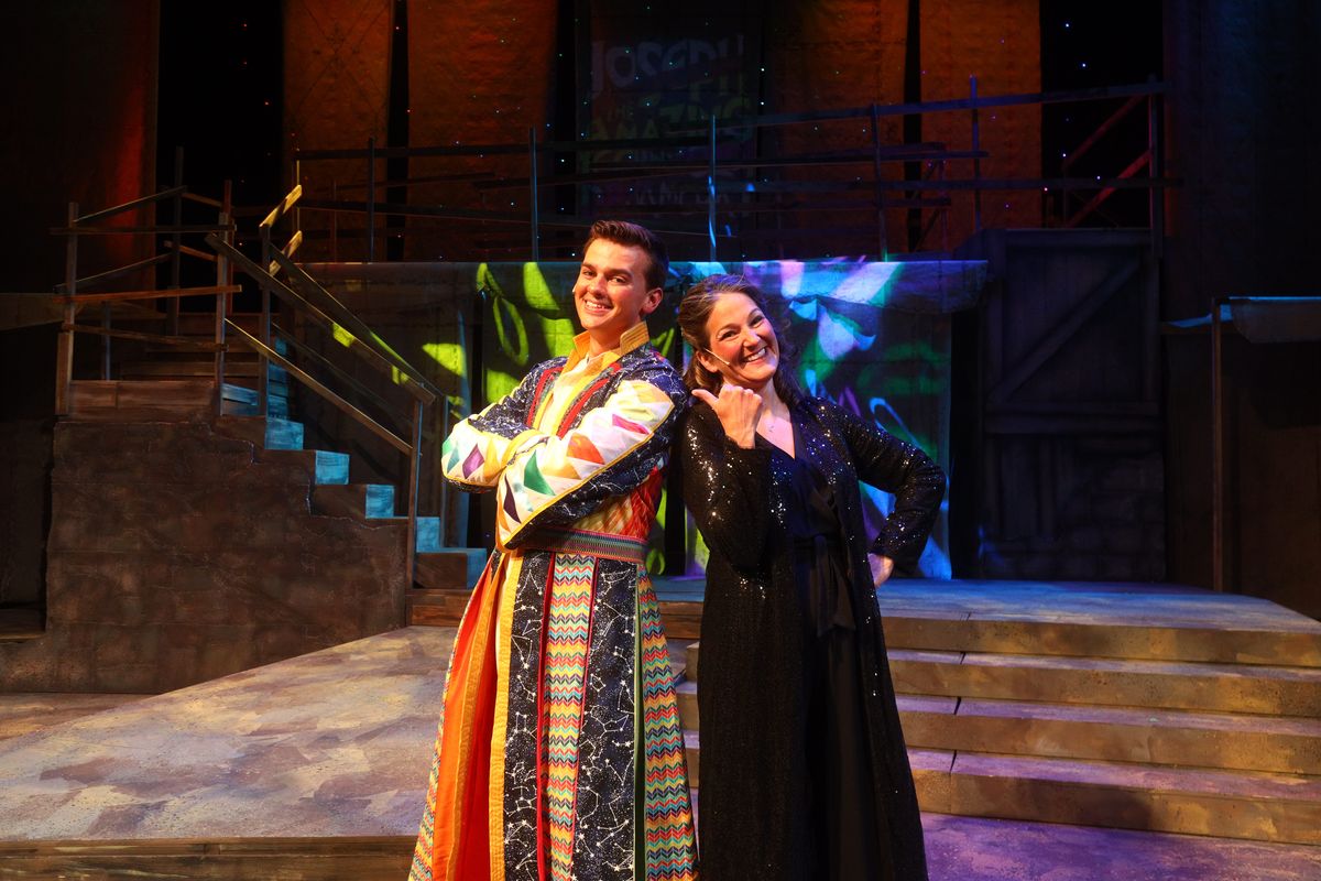 Landon Toth as Joseph and Andrea Olsen as Narrator in Spokane Valley Summer Theatre’s “Joseph and the Amazing Technicolor Dreamcoat,” which runs through Aug. 17 at University High School.  (Courtesy of Dylan K. Johnson)