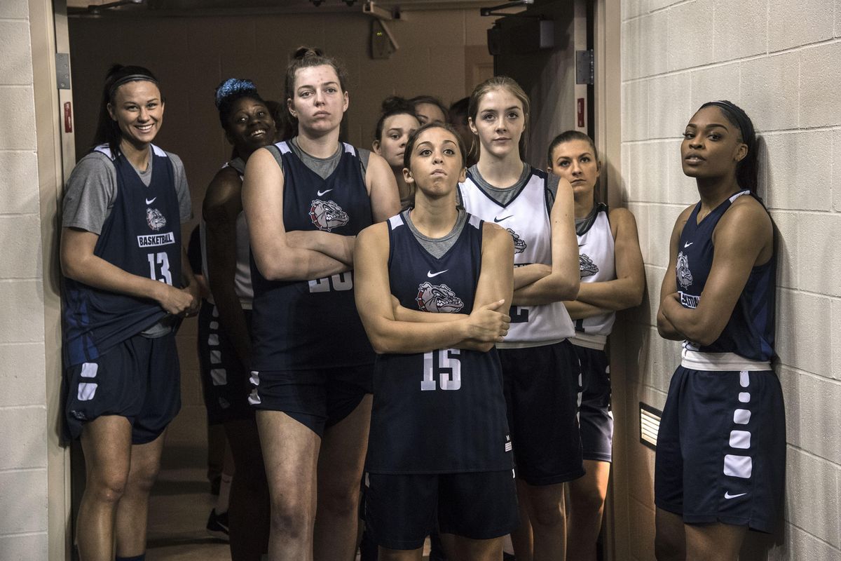 The Gonzaga women’s basketball team gathers in the tunnel before Fan Fest introductions, Oct. 15, 2016, in the McCarthey Athletic Center. (Dan Pelle / The Spokesman-Review)