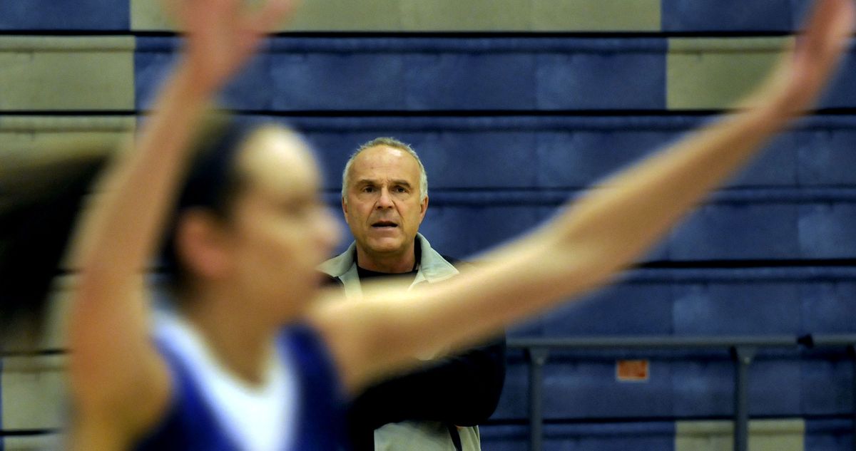 Coeur d’Alene High girls basketball coach Dale Poffenroth is shown during practice last week. (Kathy Plonka / The Spokesman-Review)