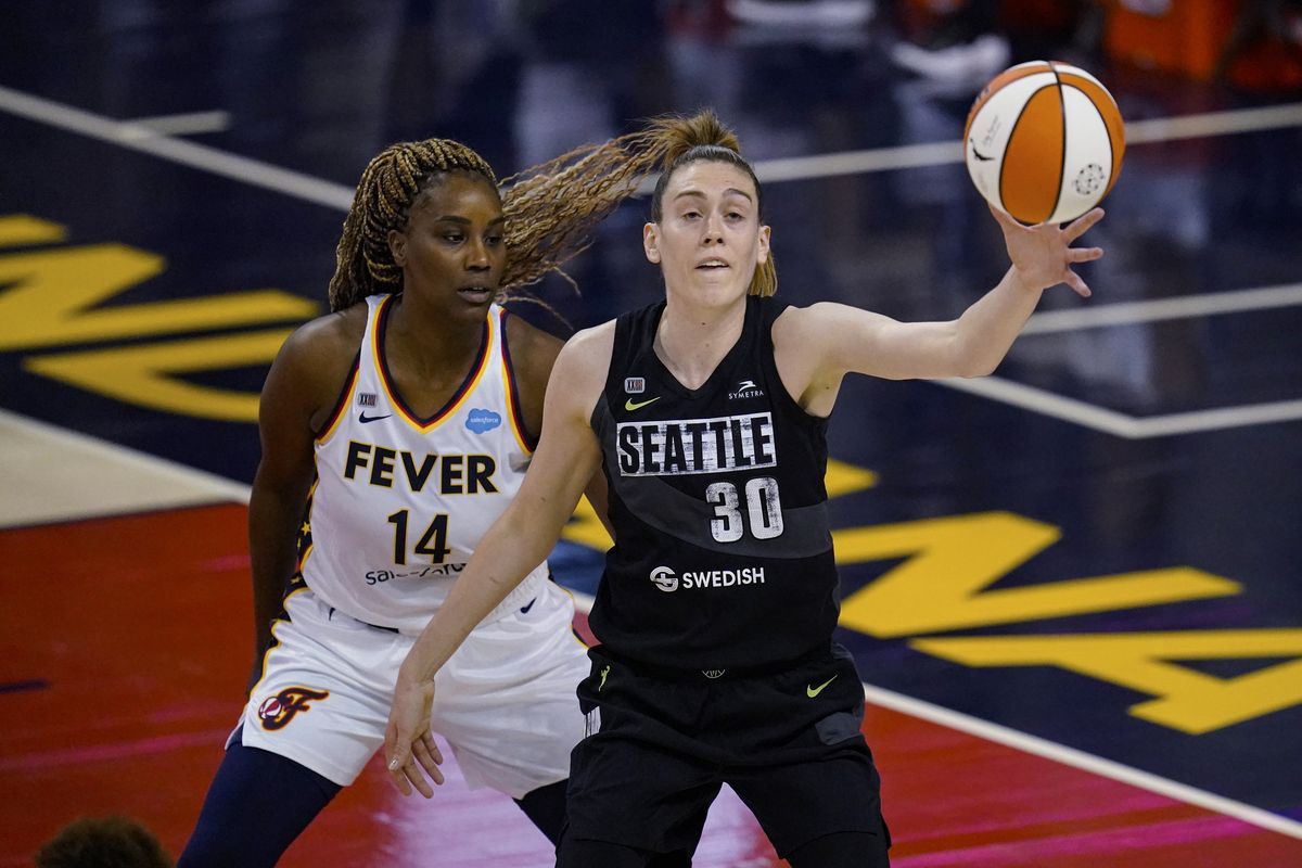 Seattle Storm forward Breanna Stewart gets a pass in front of Indiana Fever