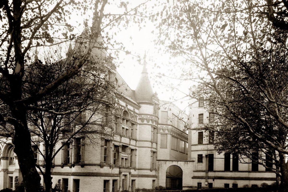 This vintage photo shows a close-up of the Gallows Gates. They stood under the archway from when the Spokane County Courthouse was built (1895) to when they were taken down (1970). (Spokane MAC / Spokane Law Enforcement Museum Archives)