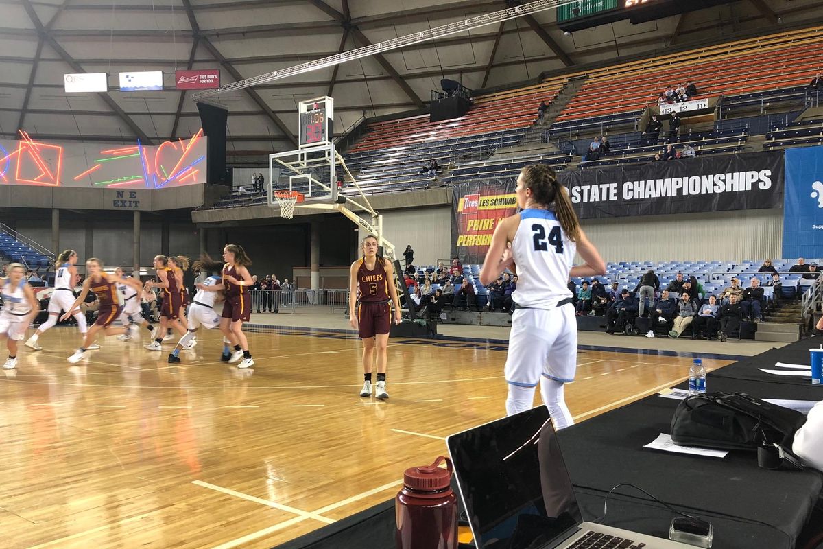 Lacie Hull prepares to inbound the ball in the fourth quarter of Central Valley’s 51-33 win over Moses Lake in a state 4A semifinal at the Tacoma Dome on Friday, March 2, 2018. (Dave Nichols / The Spokesman-Review)