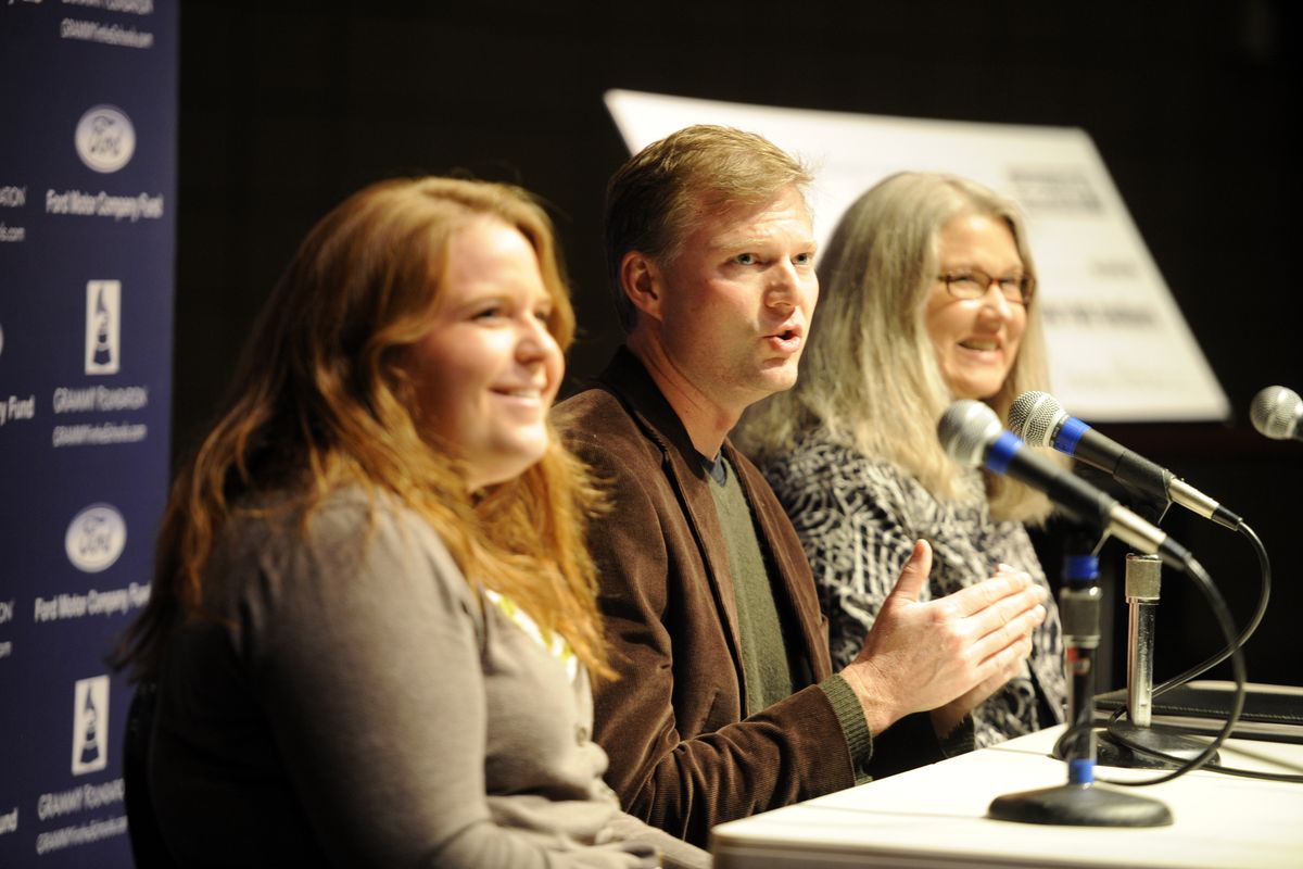 Matt Gibson, center, manager of Spokane Veterans Memorial Arena, talks about behind-the-scenes jobs in entertainment along with arena marketing manager Becca Watters, left, and Tina Morrison of the musicians’ union on Friday at North Central High School. (Jesse Tinsley)