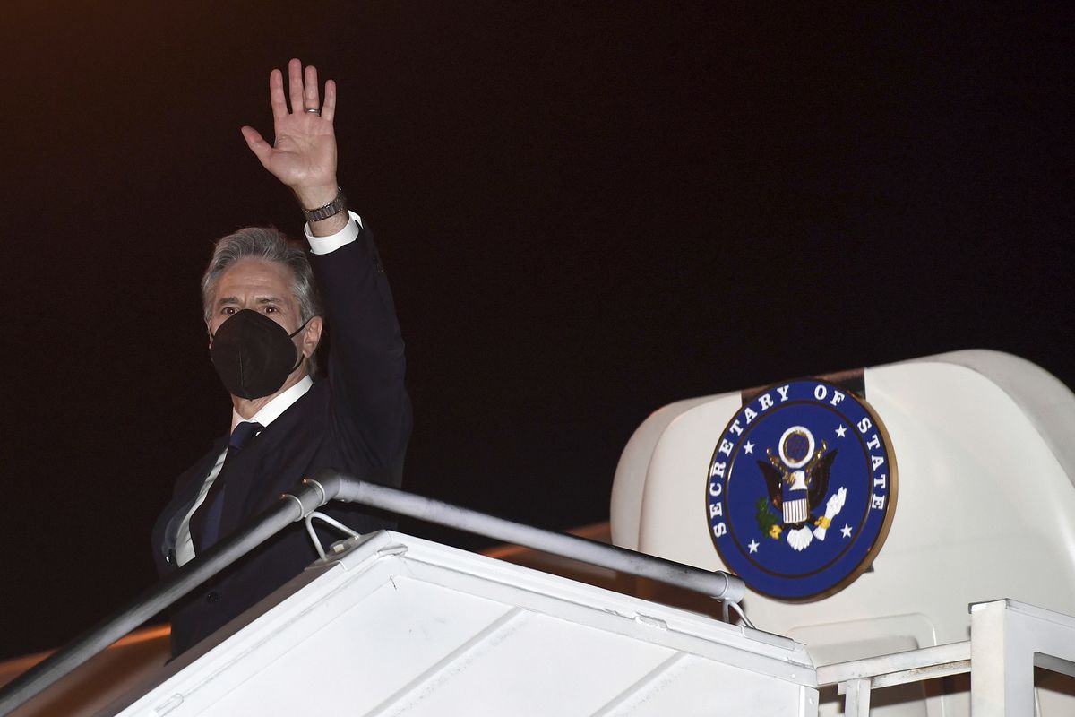 U.S. Secretary of State Antony Blinken boards his airplane as he departs Soekarno-Hatta International Airport in Jakarta, Indonesia, Tuesday, Dec.14, 2021. Blinken continues his Southeast Asia visit with a stop in Kuala Lumpur, Malaysia.  (Olivier Douliery)