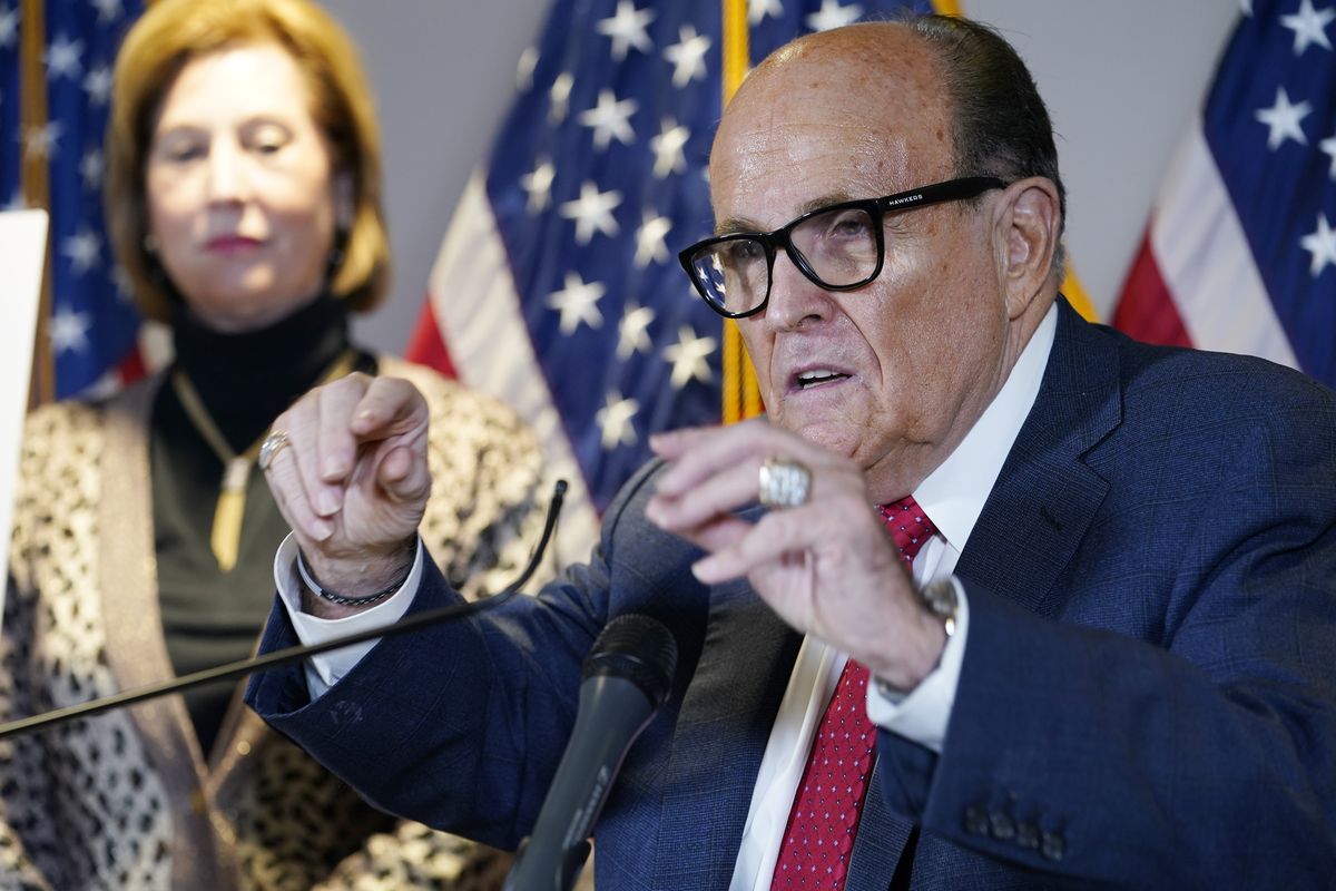 Former Mayor of New York Rudy Giuliani, a lawyer for President Donald Trump, speaks Thursday during a press conference in Washington.  (Jacquelyn Martin)