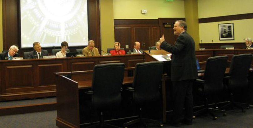 Rep. Marv Hagedorn, R-Meridian, argues to the House Revenue & Taxation Committee on Monday morning that Idaho's taxes are too high; he was promoting HB 707, to cut the state's corporate and individual income tax rates by more than a third over the next 10 years. The bill, cosponsored by 31 GOP lawmakers, had an informational hearing Monday but won't advance this year. (Betsy Russell)