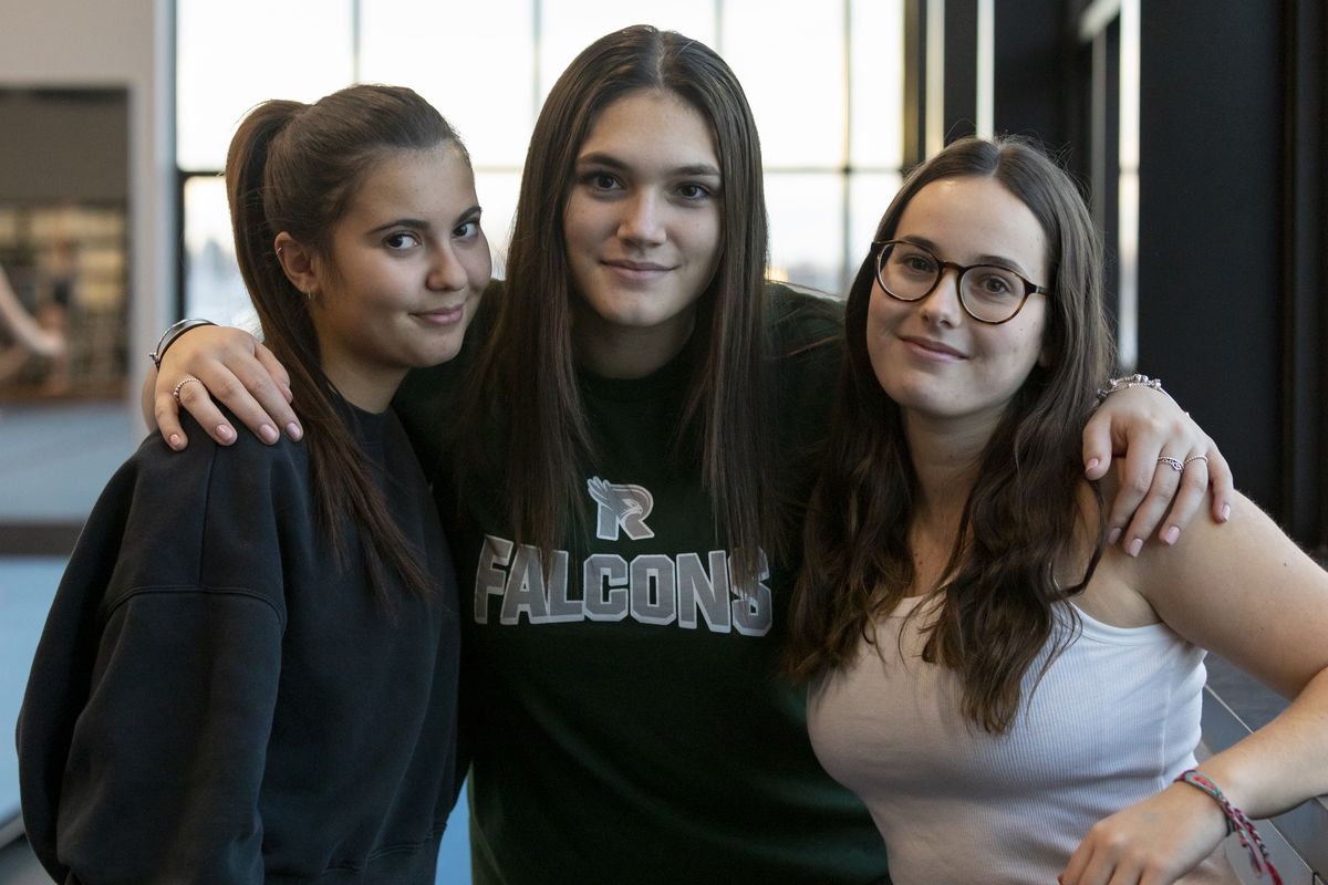 From left, Ludovica Paternostro, Sophia Mazzoletti and Catarina Alonso Munoz are three foreign exchange students participating in the Ridgeline gymnastics program this season.  (CHERYL NICHOLS/For The Spokesman-Review)
