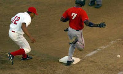 
Boise's Jasha Balcom (7) gets to first base after Indians pitcher Victor Figuereo (12) bobbles a short throw from first baseman Jim Fasano (not pictured).
 (Christopher Anderson/ / The Spokesman-Review)