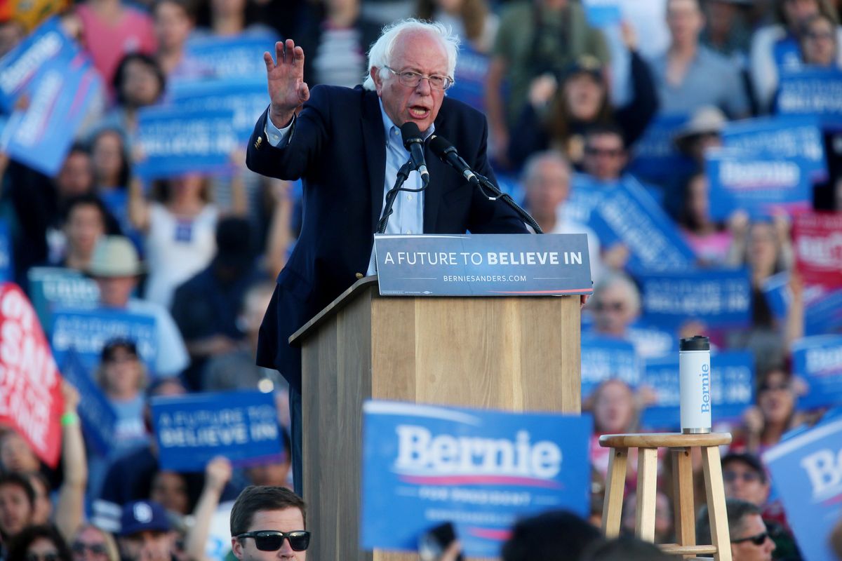 In this June 5, 2016 file photo, then-Democratic presidential candidate Sen. Bernie Sanders, I-Vt. speaks during a campaign rally at Qualcomm Stadium in San Diego. First it was Sanders. Now it’s Gary Johnson and Green Party presidential nominee Jill Stein being sized up by many young people. With barely a month to go, Hillary Clinton is still struggling to convince young voters who twice helped elect Barack Obama that she deserves their support. (Sandy Huffaker / Associated Press)