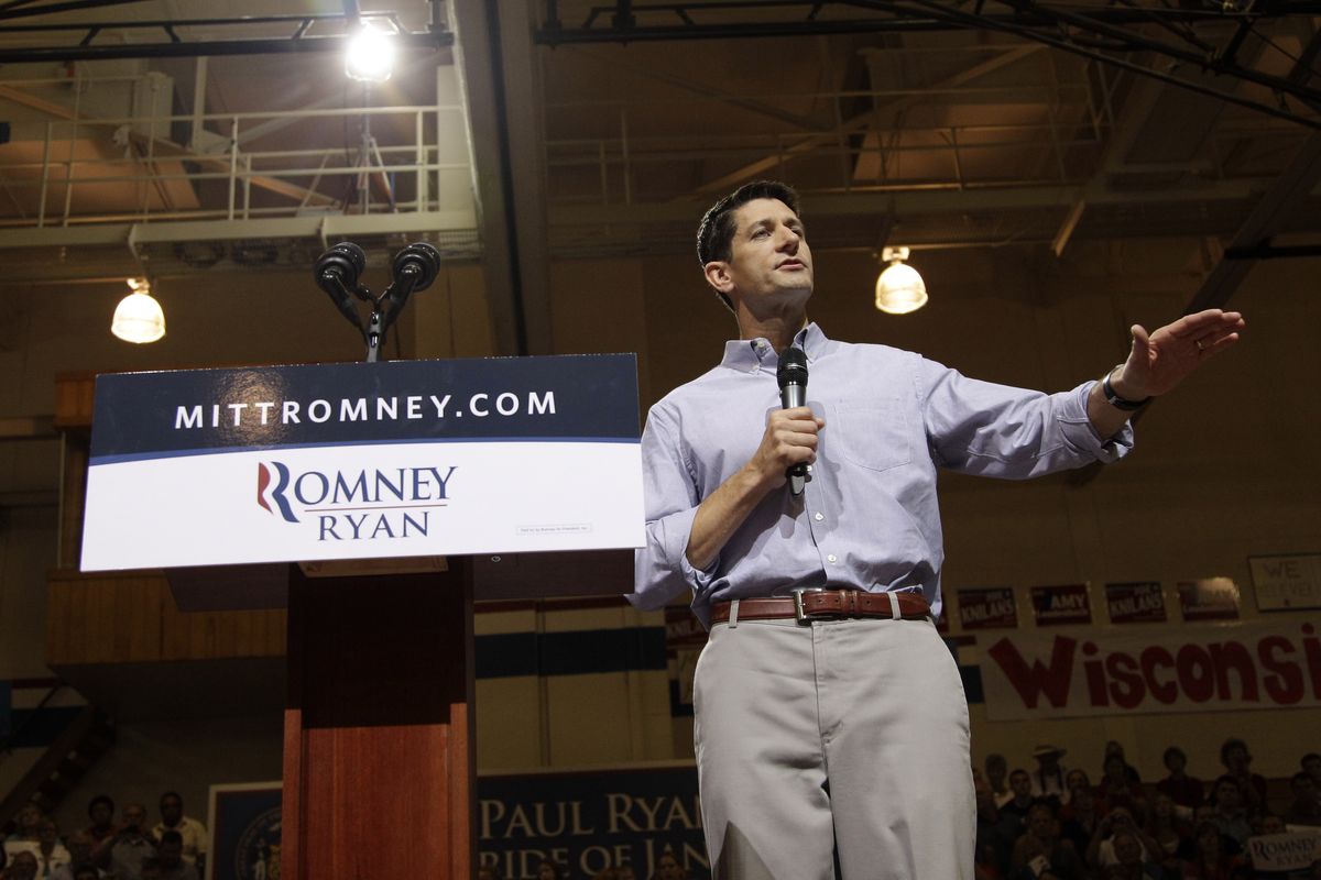 Republican vice presidential candidate, Rep. Paul Ryan, R-Wis. speaks during a campaign event at Joseph A. Craig High School, Monday, Aug. 27, 2012, in Janesville, Wis. (Mary Altaffer / Associated Press)