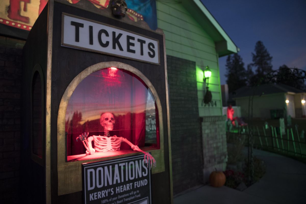 The King family haunted house, at 15604 N. Freya in the Mead area, is elaborately decorated and advertises a theater where visitors can watch one of movies made by the King family. Photographed Monday, Oct. 23, 2017. (Jesse Tinsley / The Spokesman-Review)