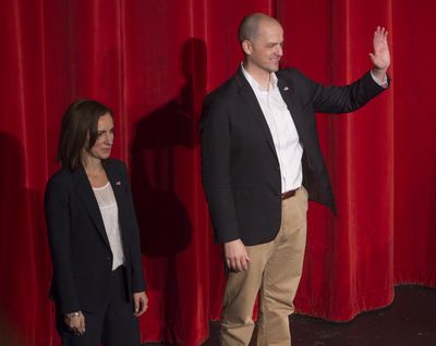 Evan McMullin of Utah, an independent candidate for president of the United States, with running mate Mindy Finn of Texas, thanks an audience of about 600 people at Boise High School Saturday, Oct. 22, 2016, in Boise. (Darin Oswald / Darin Oswald Idaho Statesman)