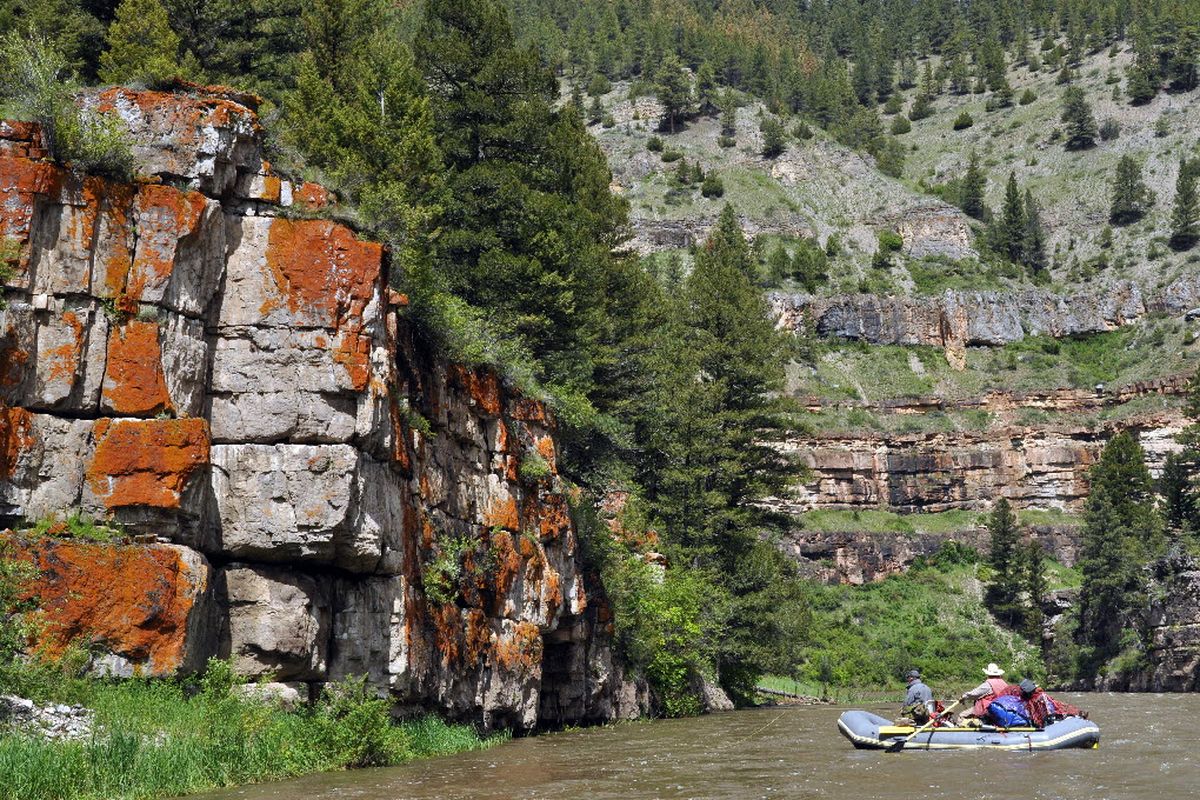 Fly fishers cast for brown trout along the stained rock-garden limestone cliffs that border central Montana