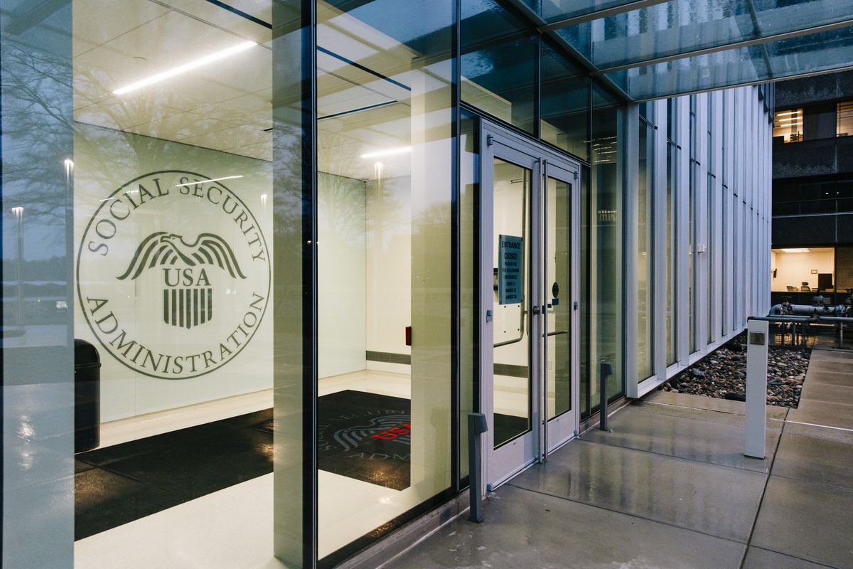 A closed entrance to the Social Security Administration headquarters on March 20 in Woodlawn, Md. (Wesley Lapointe/For The Washington Post)