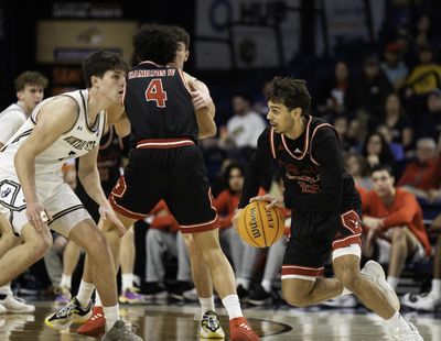 Eastern Washington guard Jojo Anderson dribbles around Montana State’s defense during a Big Sky Conference game on Saturday at Worthington Arena in Bozeman, Montana. Anderson scored the go-ahead basket late in the Eagles’ upset win.  (Courtesy of EWU Athletics)