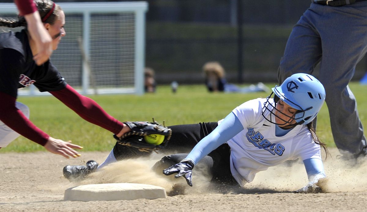 Central Valley’s Carissa Sdao slides safely into second base in the fourth inning Friday, just under the tag of Jefferson’s Michaela Patton. (DAN PELLE PHOTOS)