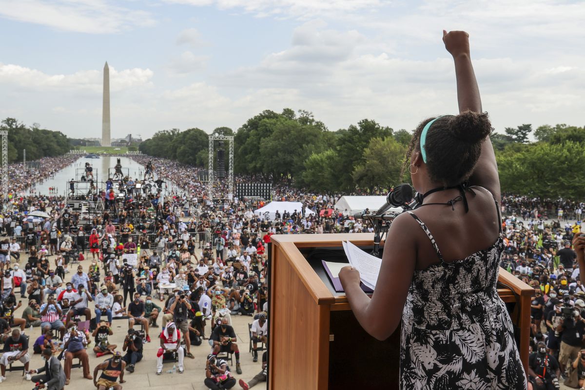 FILE - Yolanda Renee King, granddaughter of The Rev. Martin Luther King Jr., raises her fist as she speaks during the March on Washington, on the 57th anniversary of the Rev. Martin Luther King Jr.