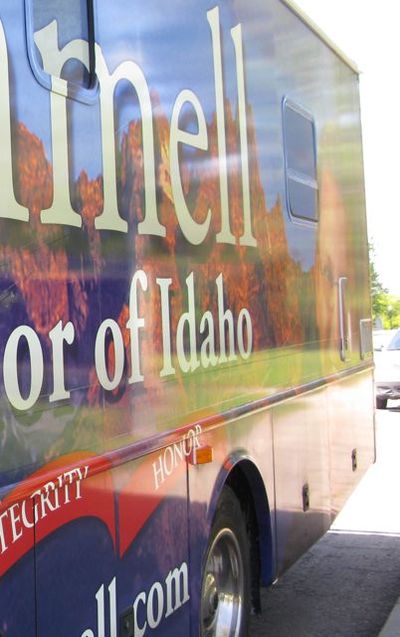 Idaho gubernatorial candidate Rex Rammell's colorful campaign RV was parked for two weeks near a Boise freeway recently, serving as a campaign billboard instead of vehicle. Rammell's been busy coping with a bankruptcy and legal problems. (Betsy Russell / The Spokesman-Review)