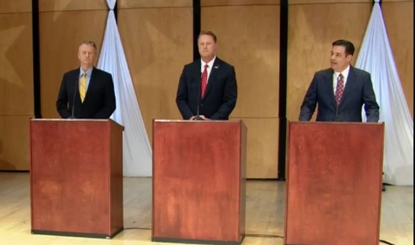 From left, Brad Little, Tommy Ahlquist and Raul Labrador debate on Monday, April 30, 2018, at the Brandt Center at Northwest Nazarene University, in a debate sponsored by KTVB-TV; it was the final debate of the primary campaign season for the three GOP rivals. Idaho's primary election is May 15. (KTVB/Screensho)