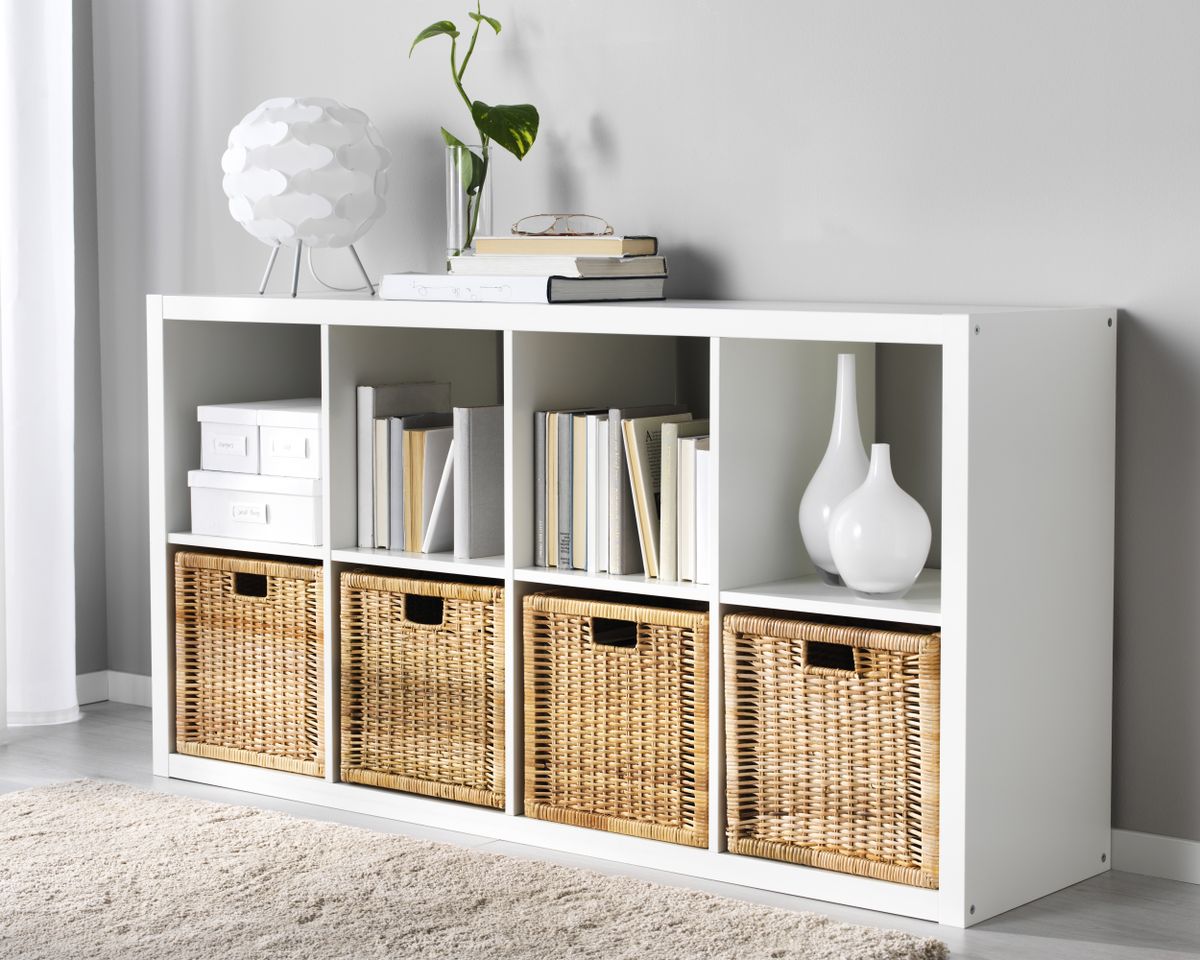 Ikea’s Kallax shelf units are versatile, simple and affordable and are available in various sizes and shades of brown, gray and white. Coordinating Branas baskets can be added to Kallax units to conceal clutter.  (Courtesy of IKEA)