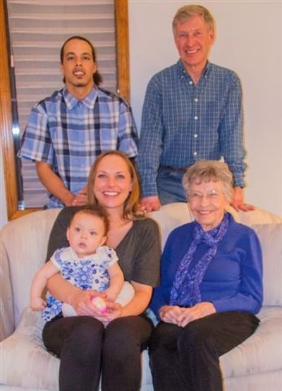 Helen Pierce, lower right, is pictured sitting next to her granddaughter, Aimy Jordan, who is holding her great-great-granddaughter Kamia Jordan. Also pictured, from top left, are her great-grandson Carl Jordan and son Bill Pierce. All are residents of Spokane.