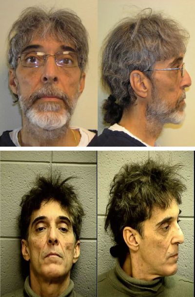 These booking photos show Mitchell Lee Walck, 57, before (top) his fugitive status and after (bottom) he was arrested by Bismarck, N.D., police officers.