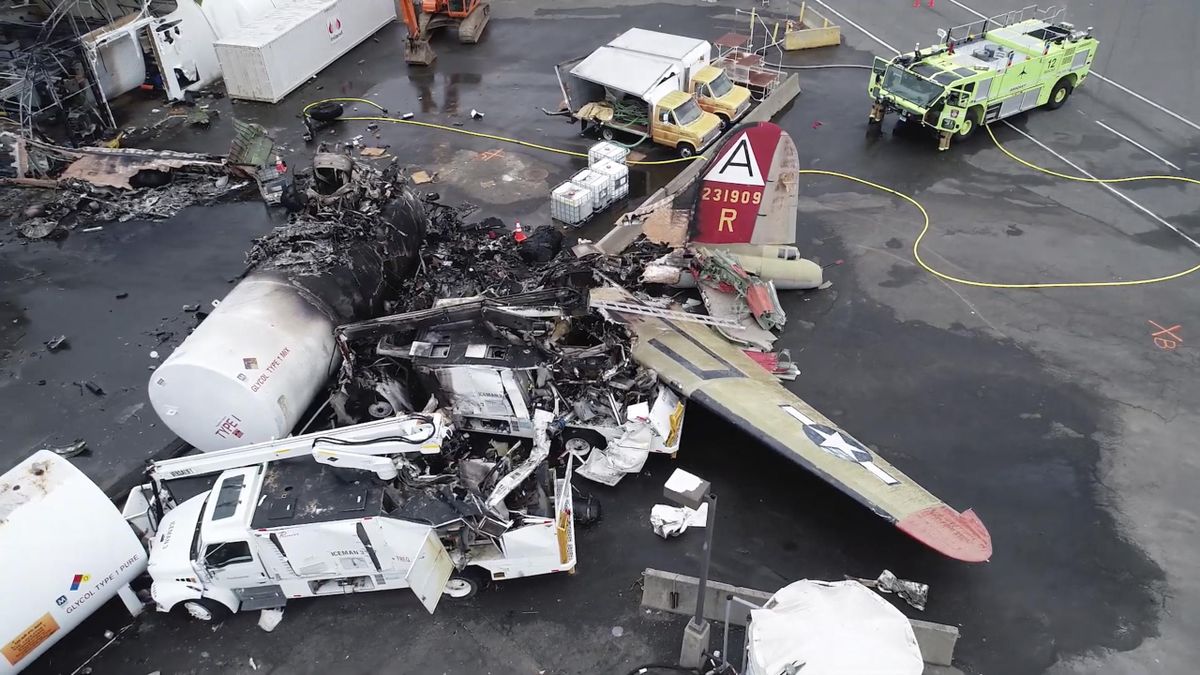 This image taken from video provided by National Transportation Safety Board shows damage from a World War II-era B-17 bomber plane that crashed Wednesday at Bradley International Airport, Thursday, Oct. 3, 2019 in Windsor Locks, Conn. The plane crashed and burned after experiencing mechanical trouble on takeoff Wednesday morning from Bradley International Airport. (NTSB / Associated Press)