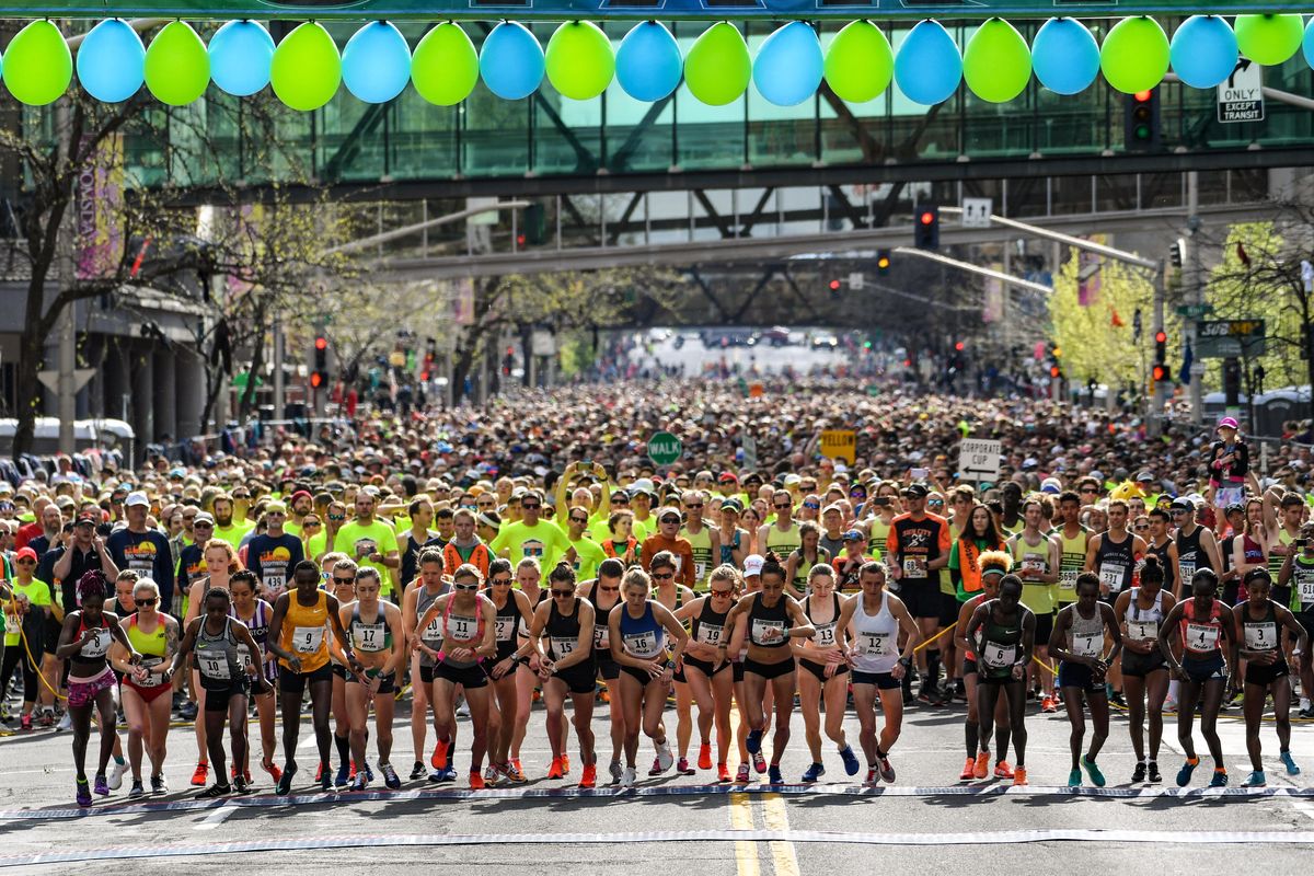 The elite women racers start their race during Bloomsday 2019 on May 5, 2019, in Spokane, Wash. (Colin Mulvany / The Spokesman-Review)