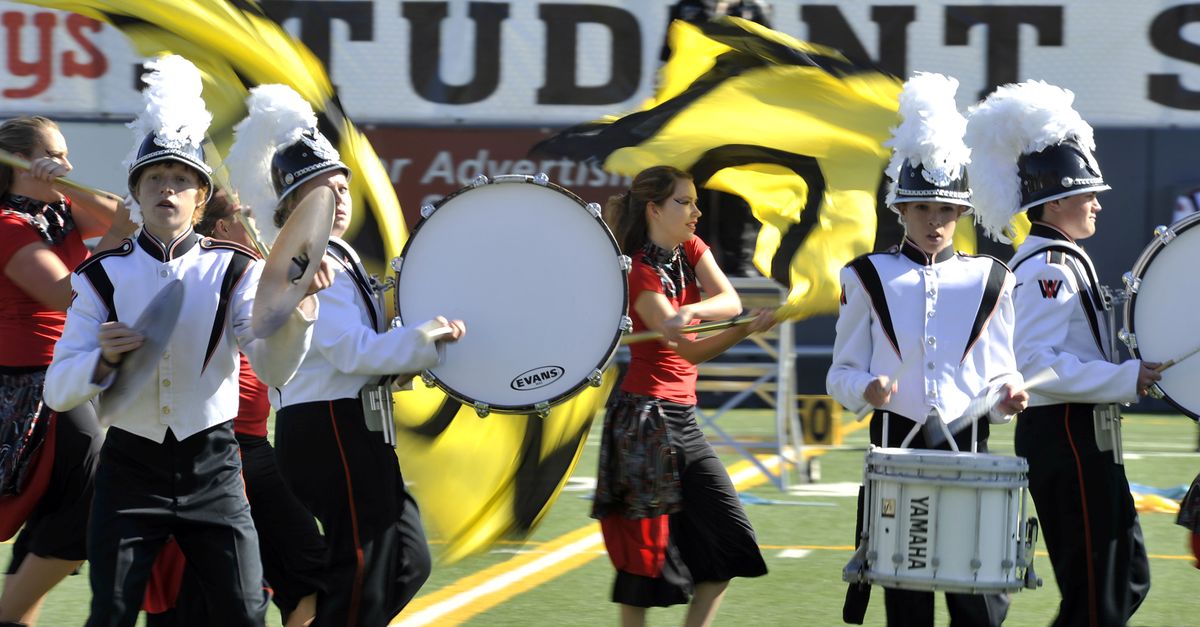 The West Valley High School marching band and color guard perform at Joe Albi Stadium at the Sounds of Thunder competition Saturday. (Dan Pelle)