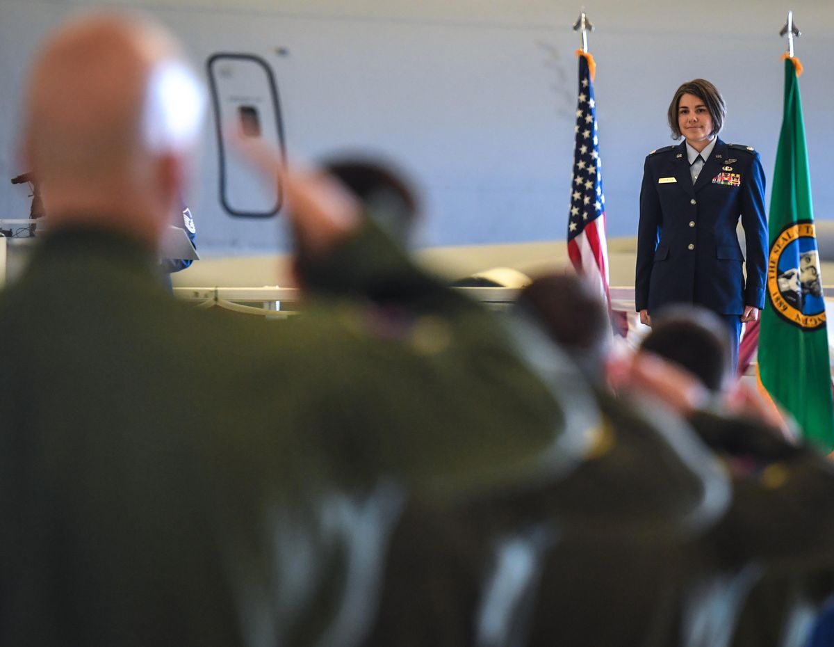 Lt. Col. Cindy Dawson takes command of the 97th Air Refueling Squadron, Friday, Oct. 18, 2019, at Fairchild Air Force Base. (Dan Pelle / The Spokesman-Review)