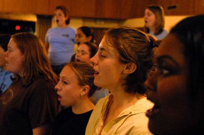 
 L. Denice Randle, far right, sings with a student-run gospel choir recently at Whitworth College.  Randle is a participant in Whitworth's Act Six program. 
 (Jed Conklin / The Spokesman-Review)
