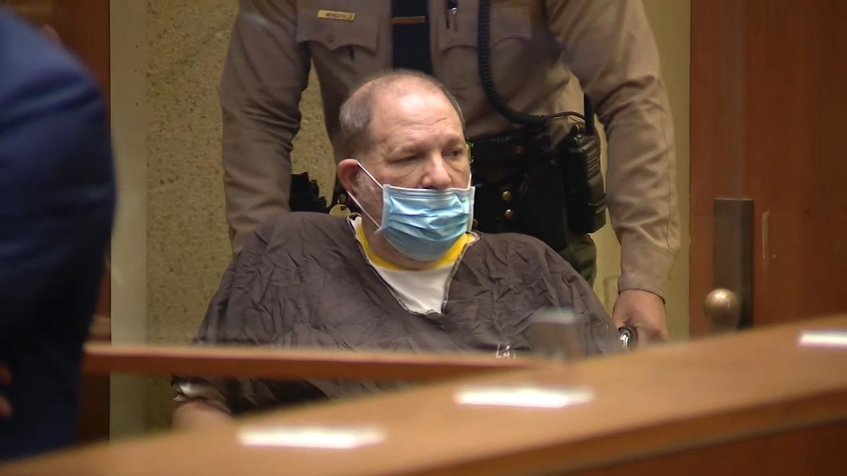 In this image taken from KABC pool video, Harvey Weinstein, the 69-year-old convicted rapist and disgraced movie mogul, arrives in a wheelchair to an arraignment hearing, Wednesday, July 21, 2021, in Los Angeles. Weinstein pleaded not guilty Wednesday to four counts of rape and seven other sexual assault counts in California.  (POOL)