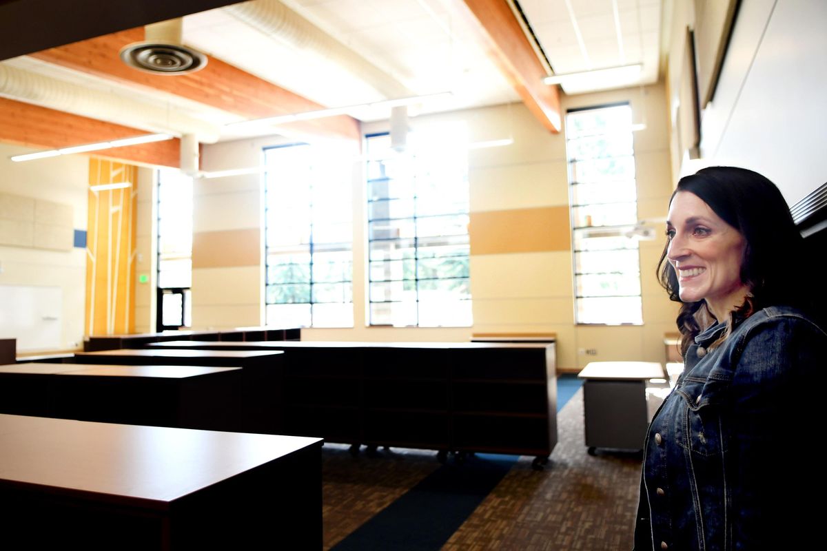 "This will be the heart of the school," said Ponderosa Elementary School Principal Sasha Deyarmin about the library in the new school in Spokane Valley on Tuesday, March 20, 2018. "I just love all of the windows," she added. (Kathy Plonka / The Spokesman-Review)