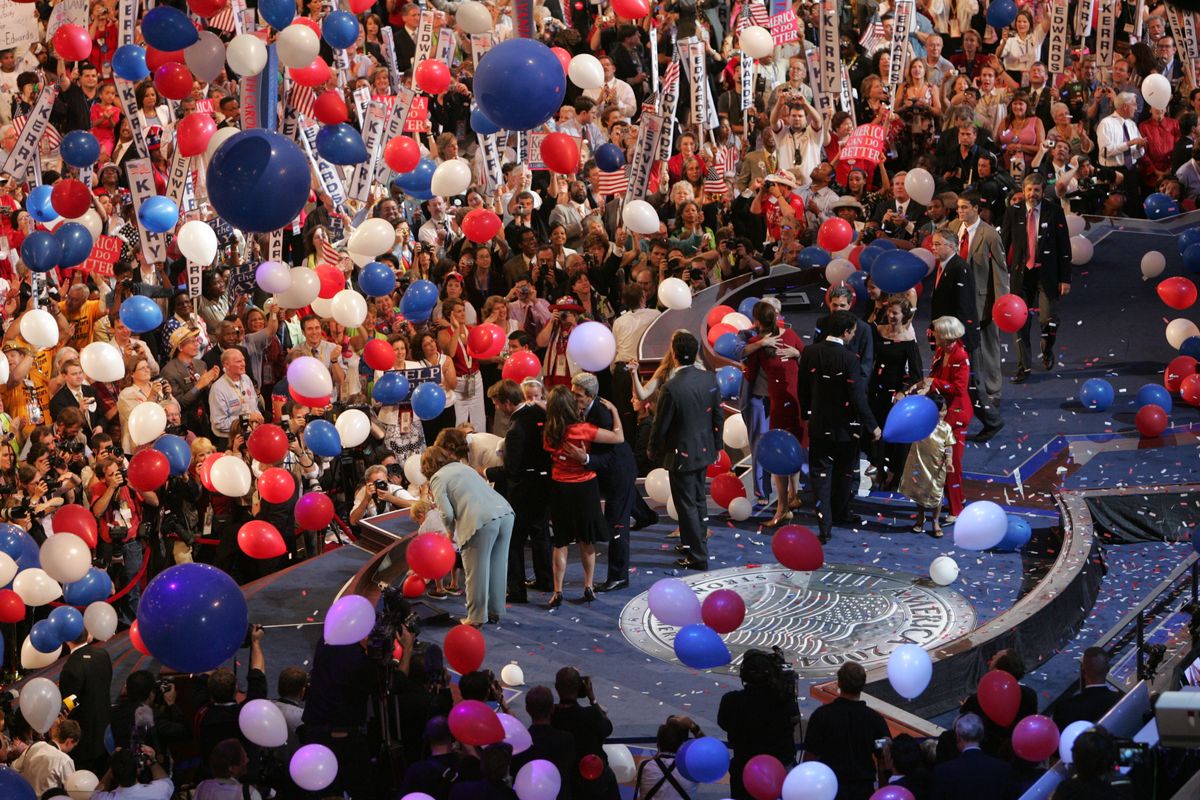 FILE - In this July 29, 2004 file photo, balloons fall near the stage and the end of the Democratic National Convention in Boston. With a threat of rain, there will be no downpour of balloons. A Democratic convention official says the finale at the Democratic National Convention will miss the traditional massive balloon drop after President Barack Obama delivers his nomination acceptance speech. (Dave Martin / Associated Press)