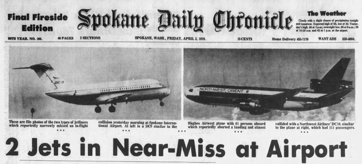 Two passenger passenger jets nearly collided in an alarming incident at Spokane International Airport, the Spokane Daily Chronicle reported on April 2, 1976. A Northwest Airlines DC10 with 111 passengers was leaving Spokane nearly hit a Hughes Airwest DC9 that had originated in Calgary.  (Spokesman-Review archives)