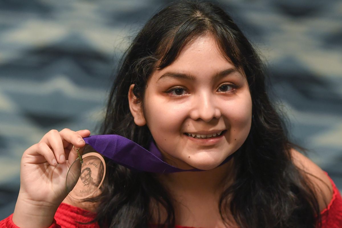 Central Valley High School student Madeline Perez displays her Chase Youth Award medal she won for Cultural Awareness, on Thursday, March 28, 2019, at Martin Woldson Theater at The Fox. (Dan Pelle / The Spokesman-Review)