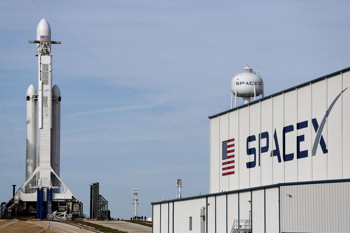 A Falcon 9 SpaceX heavy rocket stands ready for launch on pad 39A at the Kennedy Space Center in Cape Canaveral, Fla., Monday, Feb. 5, 2018. (Associated Press)